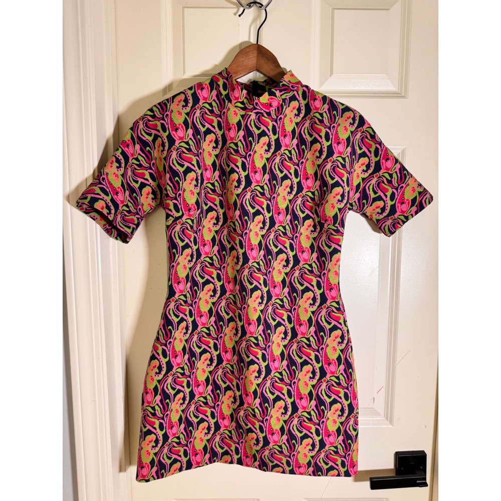 ZARA Pink Green Psychedelic Paisley Mock Neck Mini Shift Dress Womens Medium - Picture 4 of 7